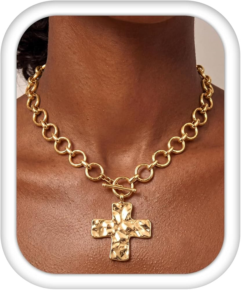 TEN MIRO 18k Chunky Gold Necklace for Women Sweatproof, Non Tarnish Chunky Cross Necklaces Thick ... | Amazon (US)