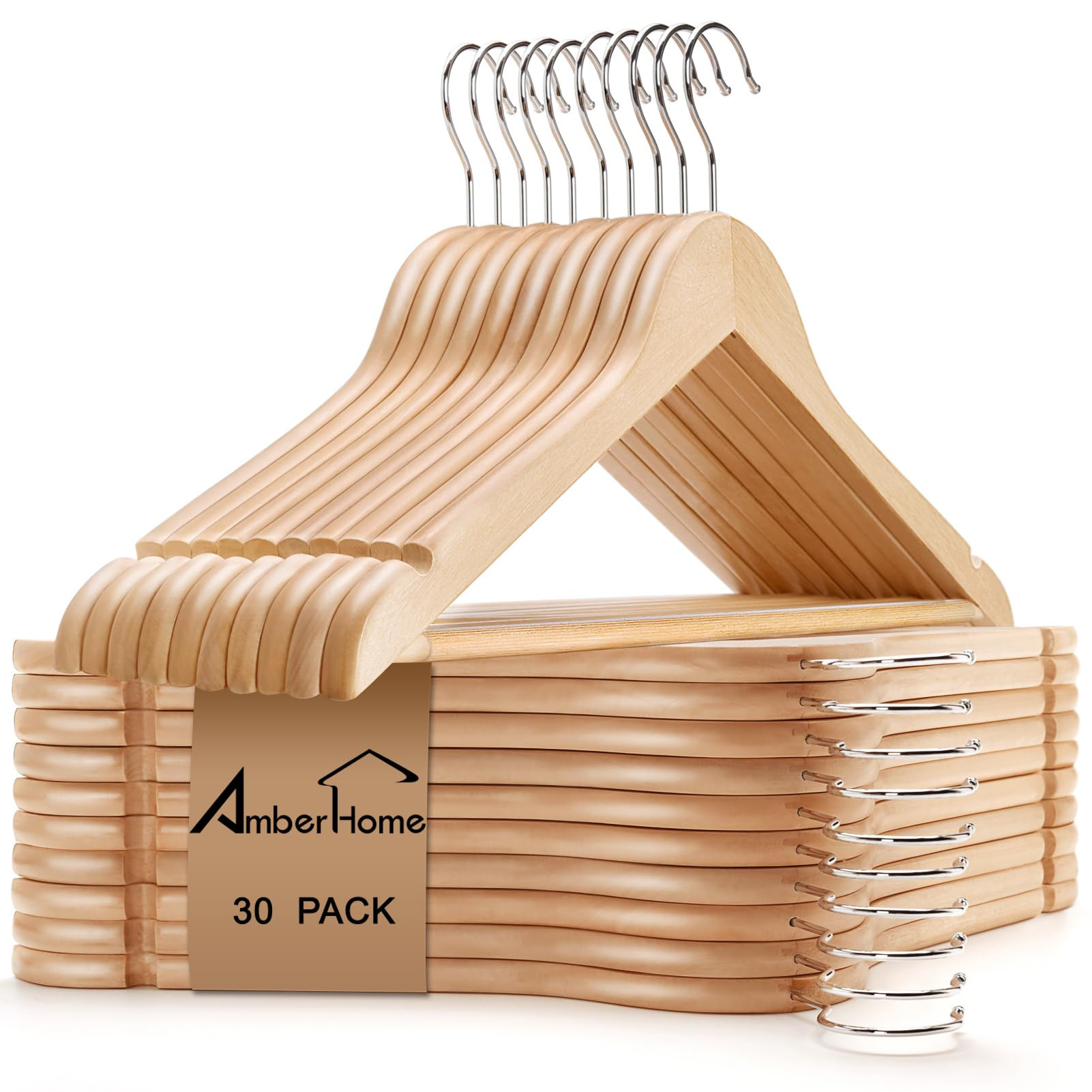 Amber Home 30 Pack Wooden Coat Hangers, Natural Wood Suit Hangers with Non Slip Pant Bar, Clothes... | Amazon (US)