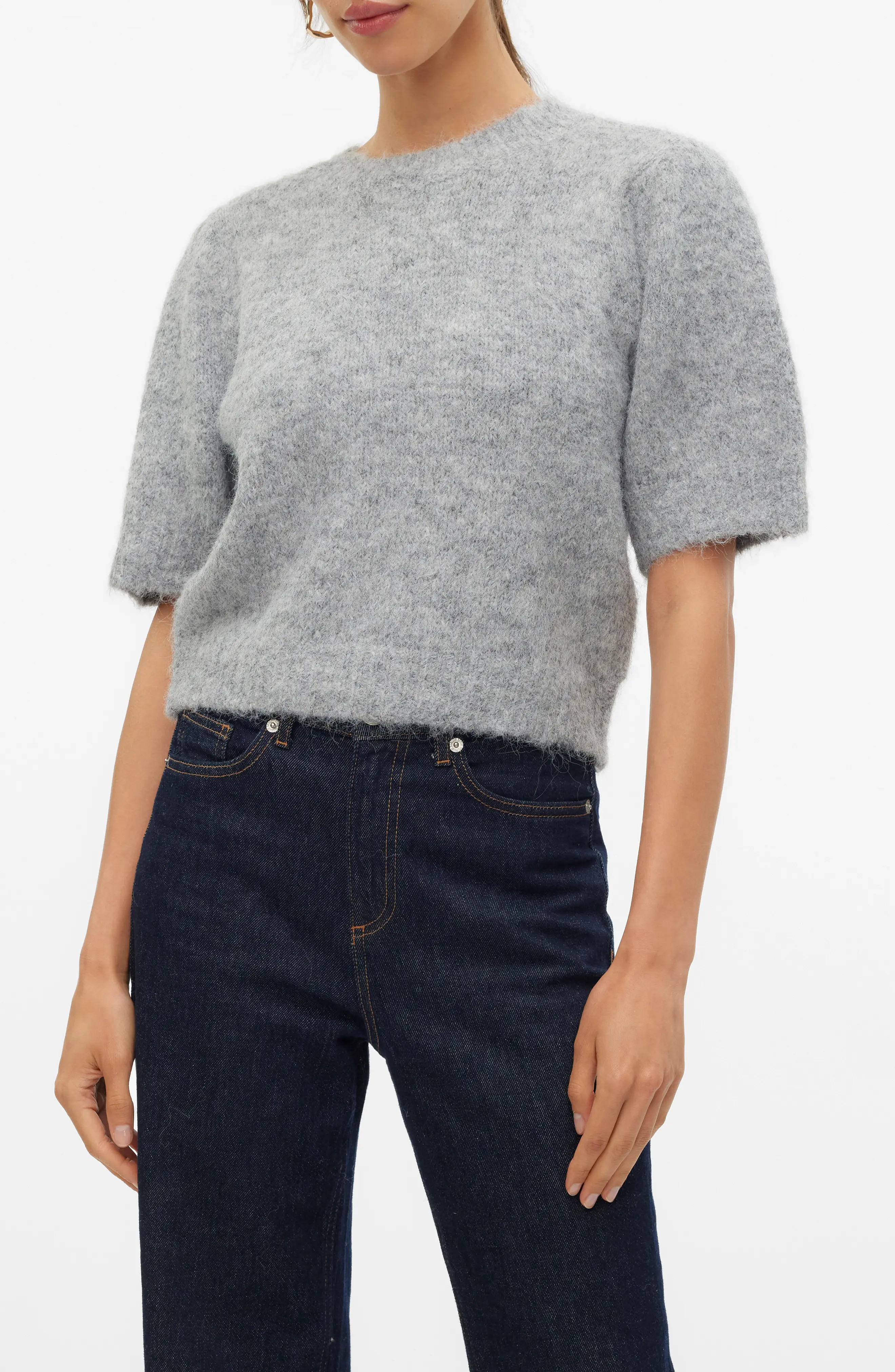 VERO MODA Novah Short Sleeve Sweater in Medium Grey Melange at Nordstrom Rack, Size Large | Nordstrom Rack