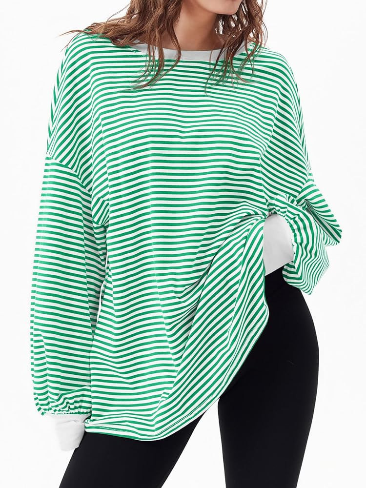 Tankaneo Womens Oversized Long Sleeve T Shirts Striped Color Block Cotton Tunic Tops Loose Fit Fa... | Amazon (US)
