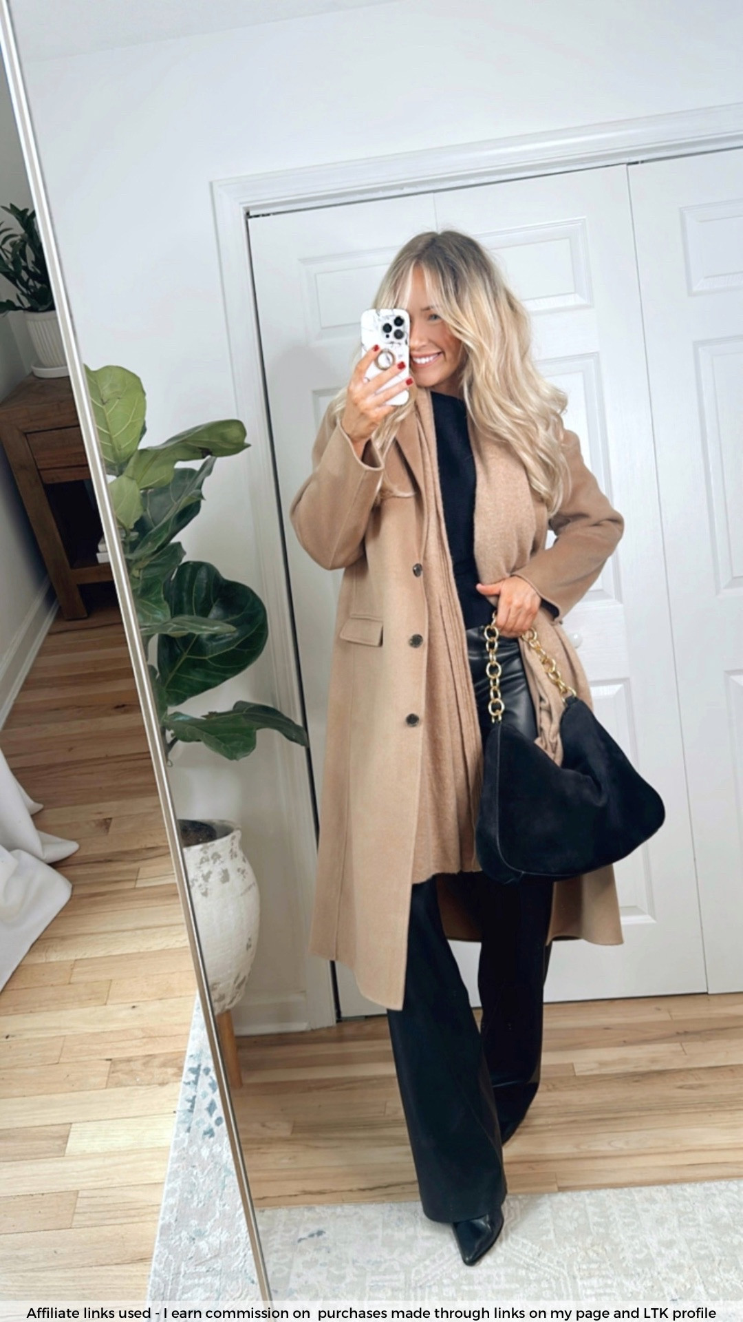 Neutral fall outfit

Casual lunch date outfit
Camel coat
Black faux leather pants
Ankle boots
Suede bag 