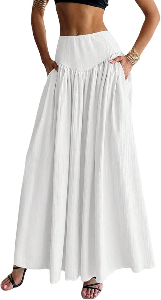 QJQ Women's Fall Boho Flowy Flared Ruffle Maxi Skirt High Waisted Long Flowy Pleated Skirts with ... | Amazon (US)