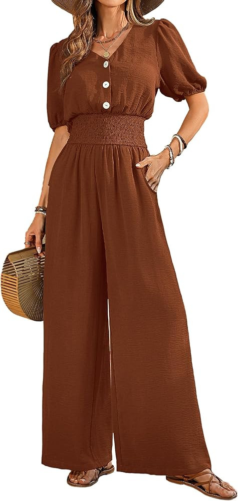 Womens Jumpsuits Short Sleeve V Neck Dressy Casual Wide Leg Pants Romper 2026 Summer One Piece Ou... | Amazon (US)