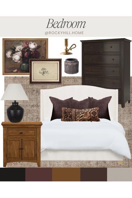 Modern Cottage Bedroom Mood Board, white upholstered bed, nightstand cabinet, black lamp, plum art, vintage rug pillow, floral art, tall dresser 

#LTKstyletip #LTKhome