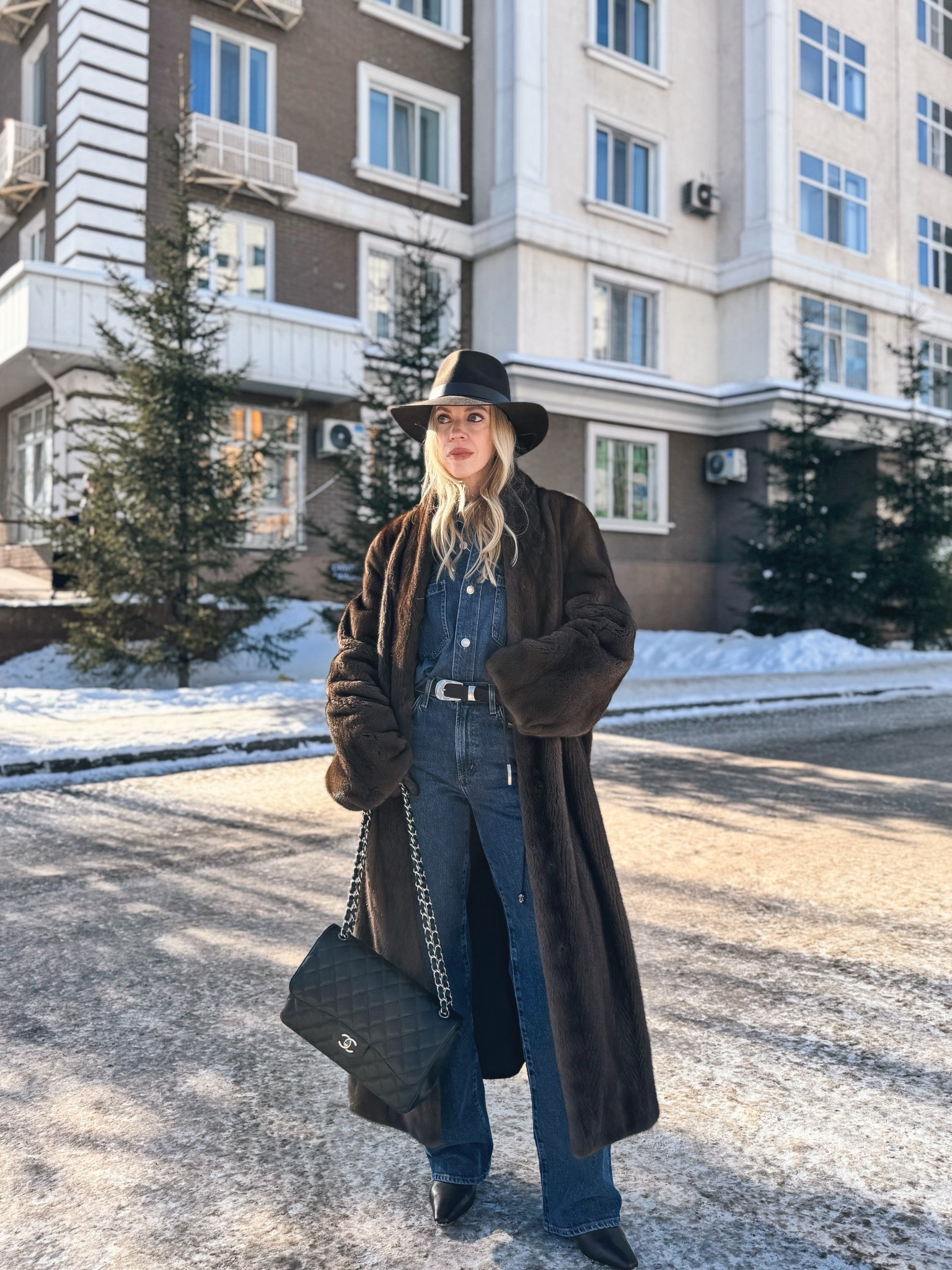 Brown fur coat, all denim outfit, denim on denim, @Janessa Leone brown wool fedora, @Shopbop dark wash jeans, fur coat with jeans outfit, western style winter look

#LTKSeasonal #LTKOver40 #LTKSaleAlert