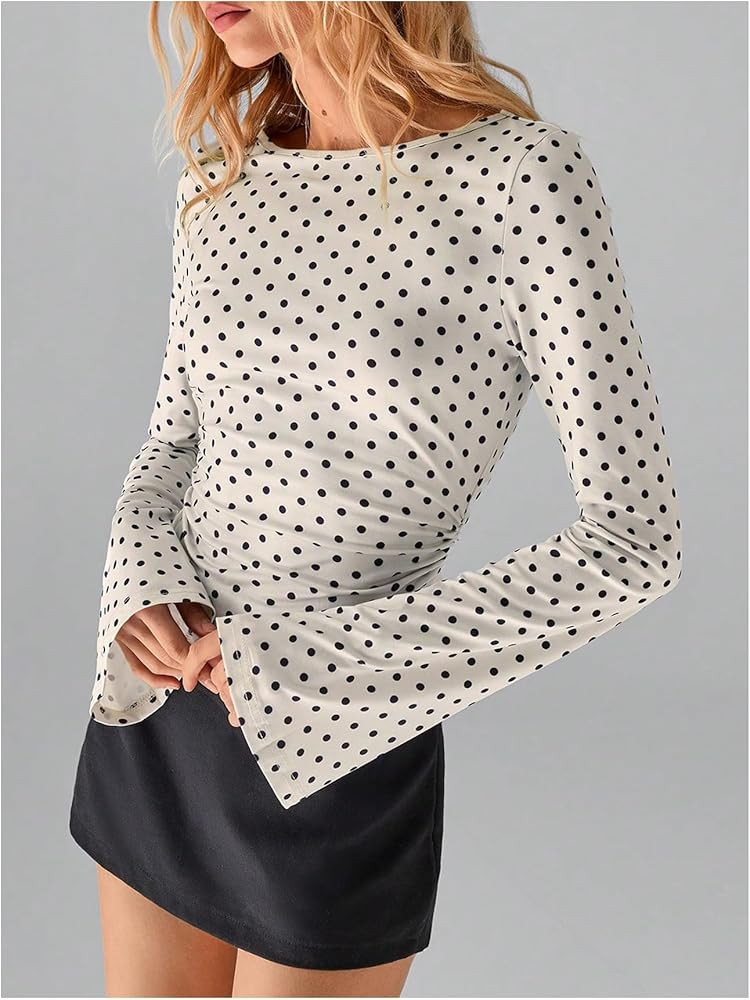 Milumia Women's Polka Dots Bell Sleeve Crop Tee Top Y2K Ruched Slim Fit Going Out T Shirt | Amazon (US)