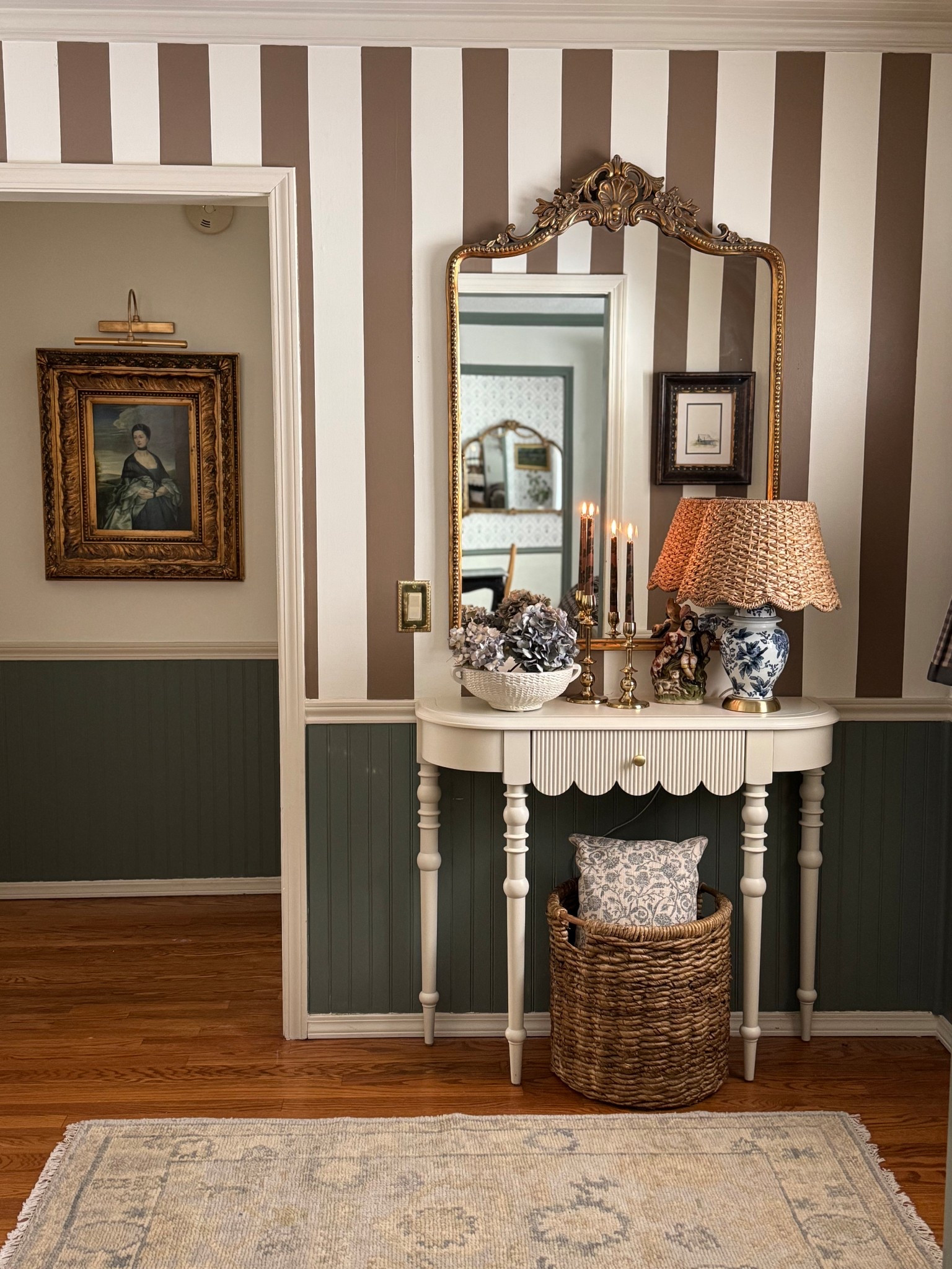 Entryway inspo… scallop console table, gold ornate mirror, woven scallop lampshade, wicker scallop lampshade, basket weave ceramic bowl, candlesticks, chinoiserie lamp

#LTKSeasonal #LTKSaleAlert #LTKHome