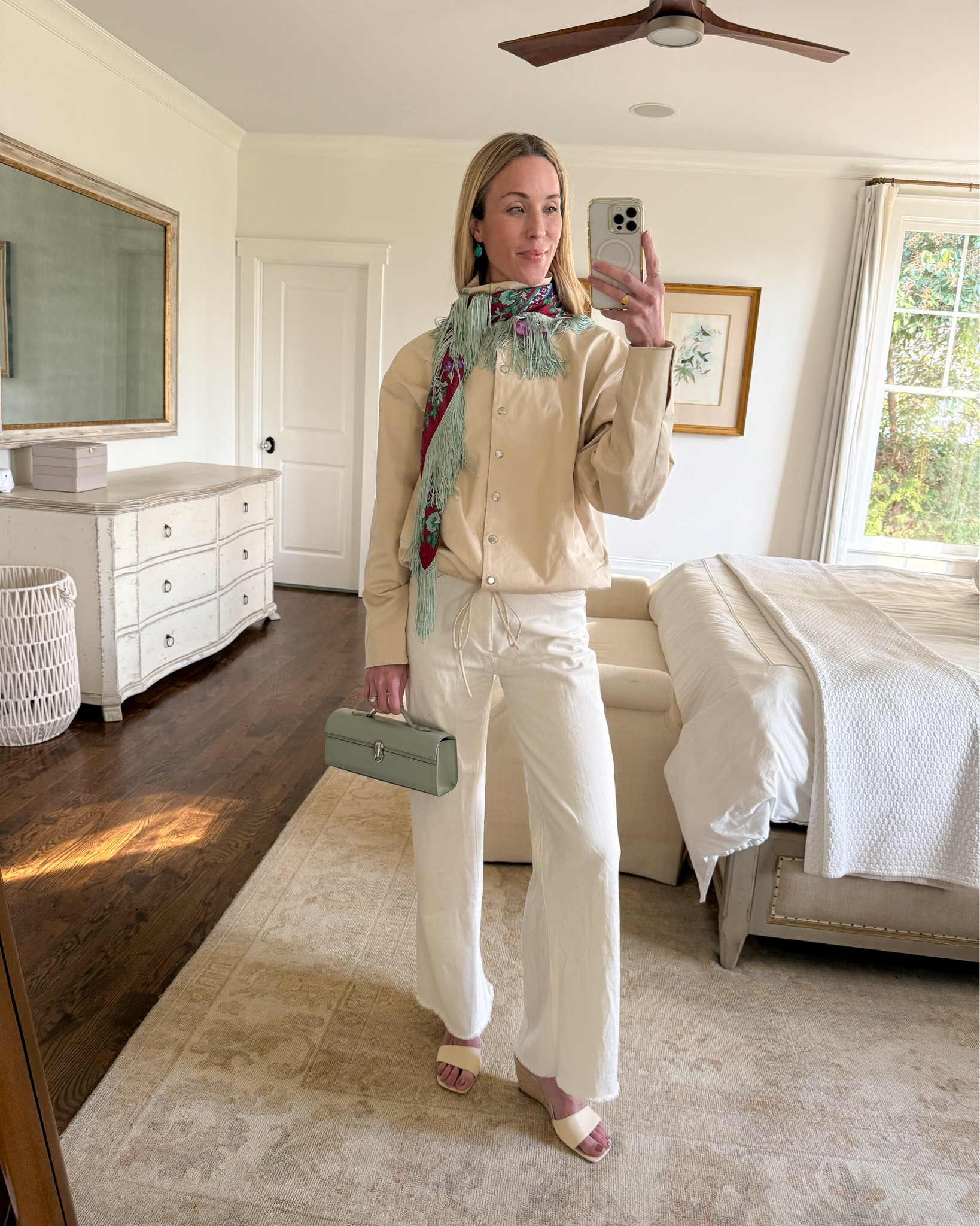 S @Reformation funnel neck jacket, S white tee underneath, 25 DL1961 white jeans, STAUD wedge sandals are old (similar linked), @ladoublej fringe scarf. Linked a similar Savette bag!

Elevated spring outfit, spring night out, white jeans outfit, spring jacket, lightweight jacket, funnel neck jackets, casual chic outfits

#LTKSeasonal #LTKootd #LTKTall