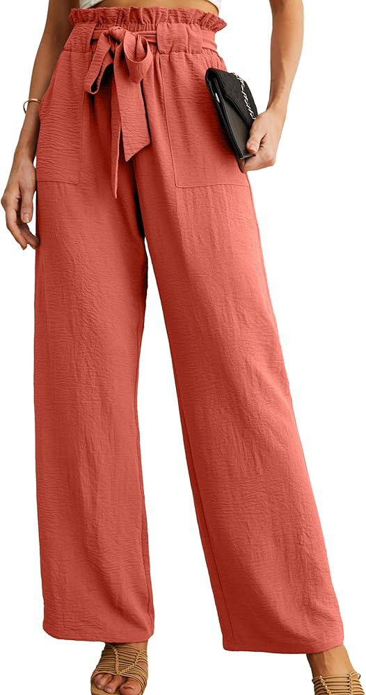 IWOLLENCE Women's Wide Leg Pants with Pockets High Waist Adjustable Knot Loose Casual Trousers Bu... | Amazon (US)