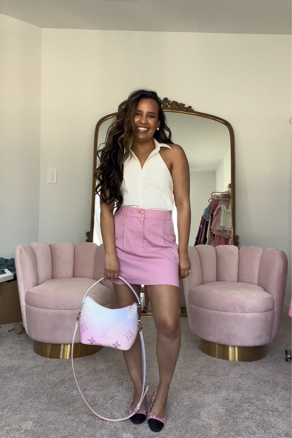 Pink skirt with gold button, jcrew skirt, halter top, work outfit

#LTKworkwear #LTKstyletip