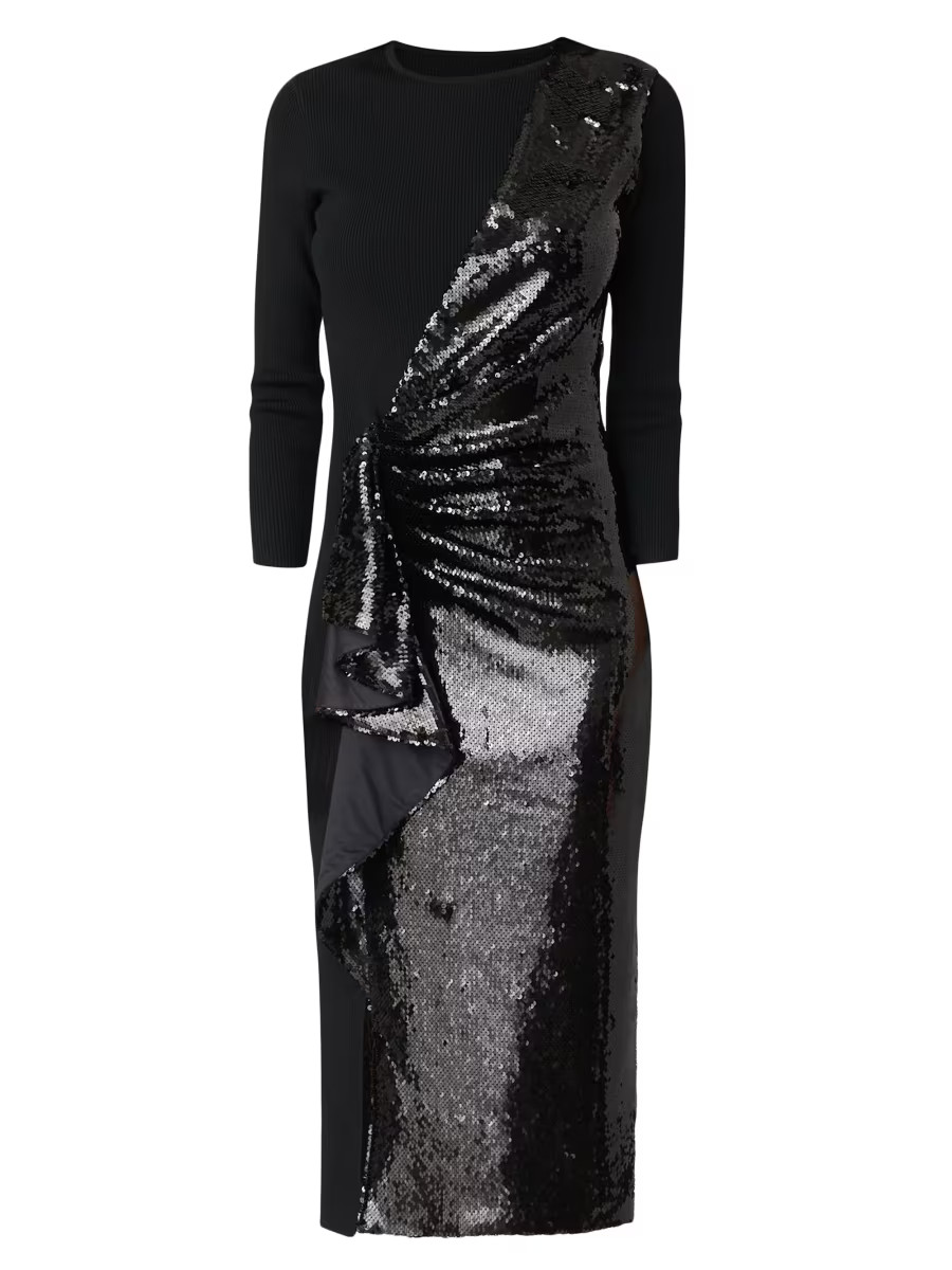 Shoshanna Dela Sequin Ruffle Three-Quarter Sleeve Midi-Dress | Saks Fifth Avenue | Saks Fifth Avenue