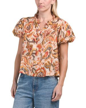 Floral Printed Puff Short Sleeve Woven Blouse | TJ Maxx
