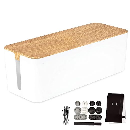 Large Cable Management Box - White Cord Organizer with Wood Top - Hider for Wires, Power Strips, ... | Amazon (US)