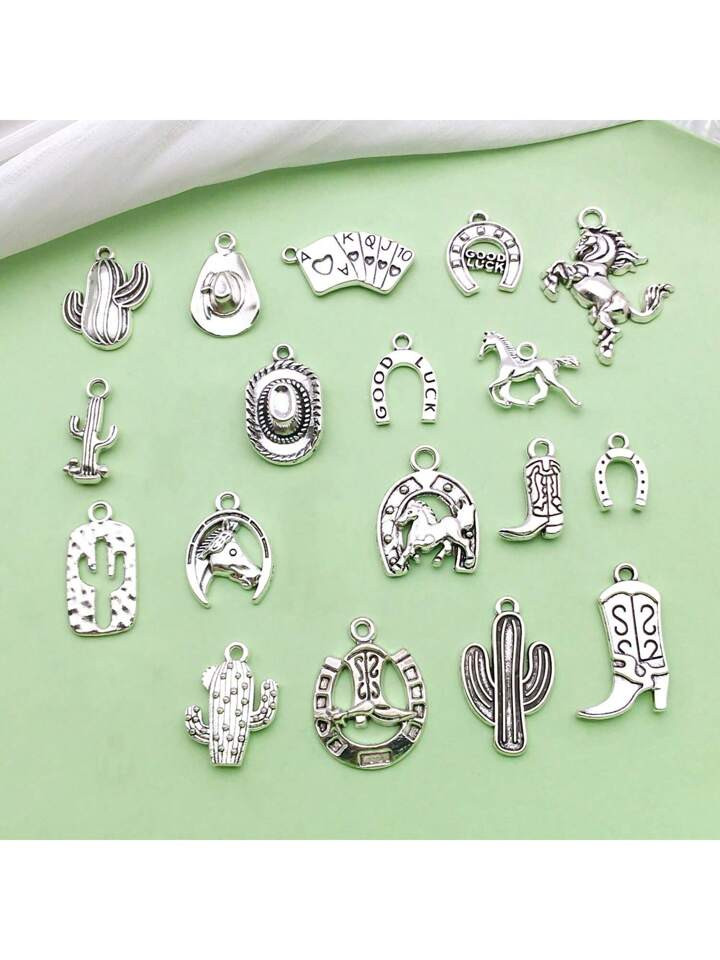 18pcs Mix Western Cowboy Charms For Jewelry Making Alloy Antique Silver Cowboy Boot Hat Horse Cac... | SHEIN