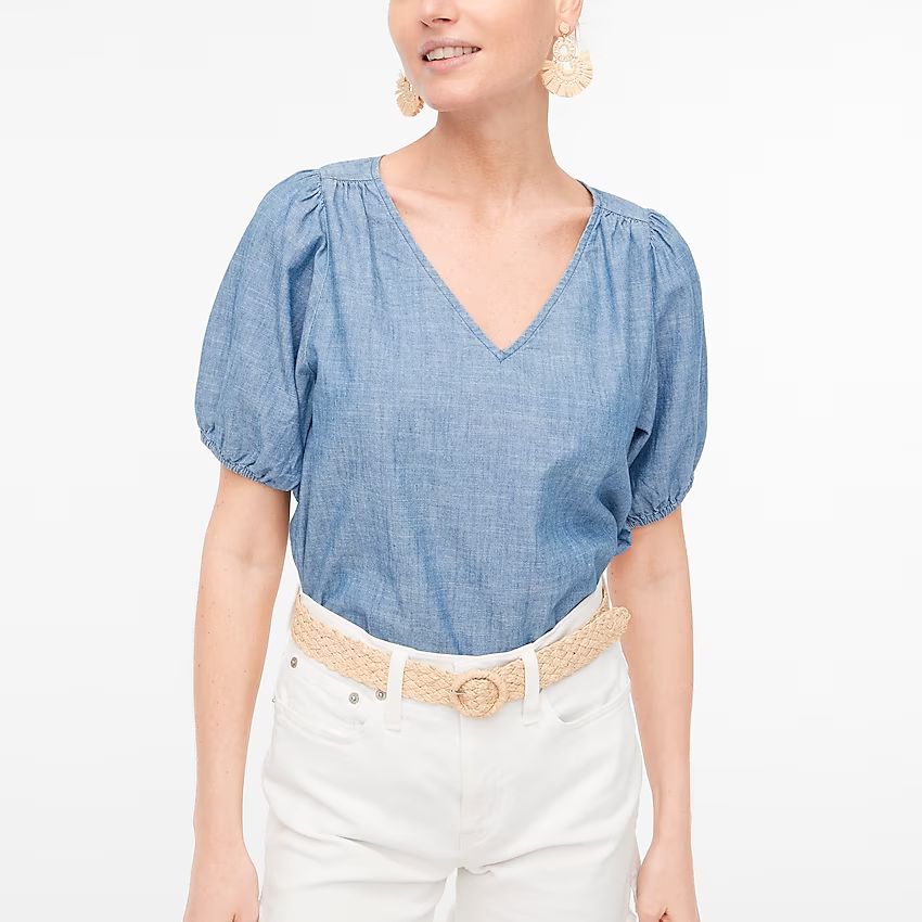 Chambray V-neck puff-sleeve top | J.Crew Factory