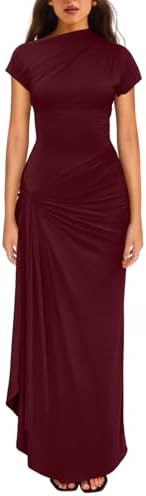YMDUCH Women's Casual Short Sleeve Boat Neck Ruched High Split Bodycon Long Party Dress | Amazon (US)