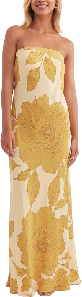 ACOSAP Women Y2k Strapless Maxi Dress Summer Backless Floral Long Tube Dress Off Shoulder Cocktai... | Amazon (US)