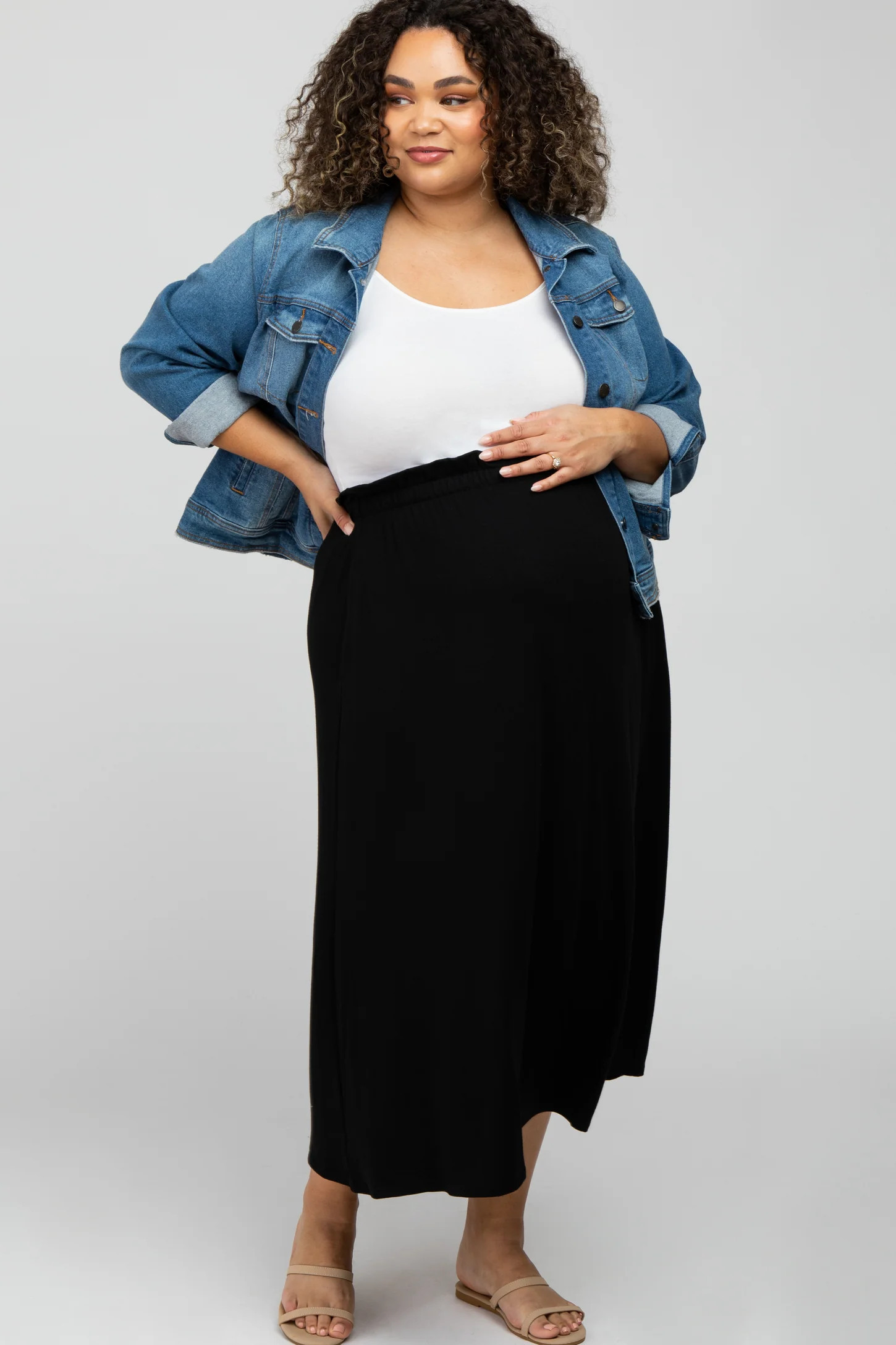 Black Gathered Waist Maternity Plus Midi Skirt | PinkBlush Maternity