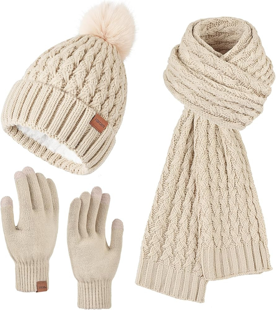 Womens Winter Warm Beanie Hat Long Neck Scarf and Touchscreen Gloves Set with Fleece Lined Pom Sk... | Amazon (US)