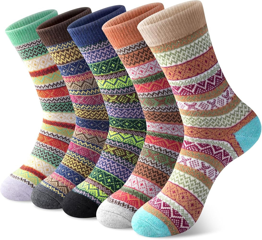 Justay 5 Pairs Wool Socks for Women - Winter Thick Boot Cozy Crew Vintage Soft Calf Knit Warm Soc... | Amazon (US)