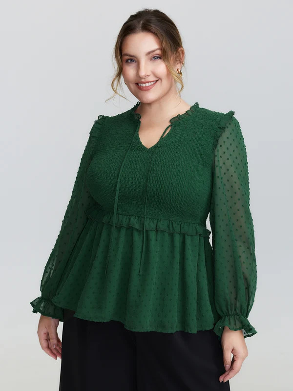 Shirred Textured Neck-Tie Blouse | Bloomchic