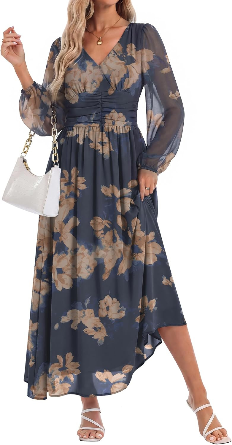 Women's Floral Maxi Dress Long Sleeve Wedding Guest Dresses | Amazon (US)