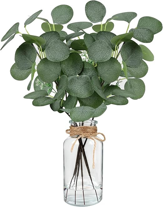Bessol Artificial Eucalyptus Stems in Glass Vase 14" 6Pcs Faux Eucalyptus Branches Home Table Dec... | Amazon (US)