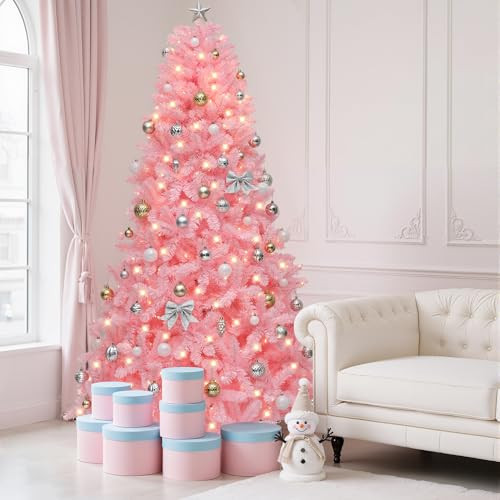 YITAHOME 7.5 FT Prelit Pink Spruce Artificial Christmas Tree, Pink Hinged Christmas Tree with 1350 PVC Tips and 550 Warm-White Lights for Home, Office Decoration | Amazon (US)