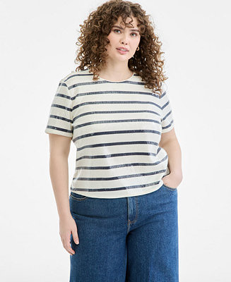 On 34th Plus Size Crew Neck Printed Base Stripe Sequin T-Shirt, Macy's Exclusive - Macy's | Macy's
