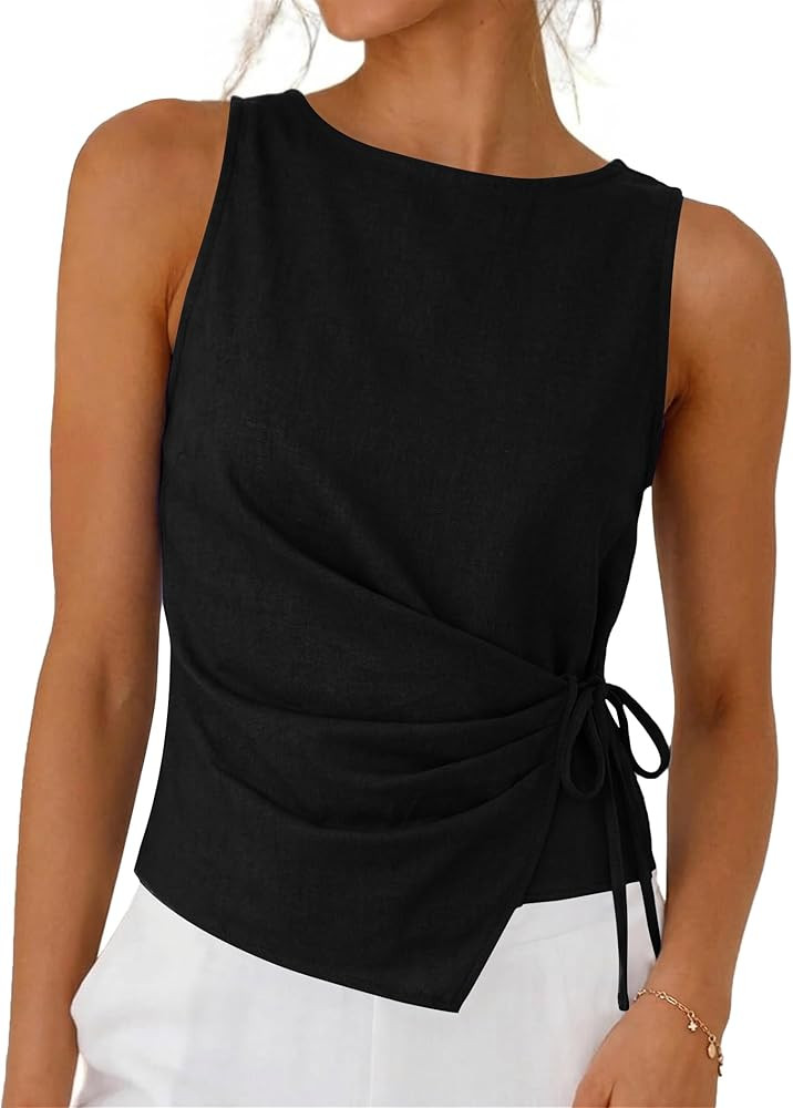 Womens Linen Cotton Crop Tank Tops Tie Wrap Sleeveless Ruched Boat Neck Shirts Casual Summer Beac... | Amazon (US)