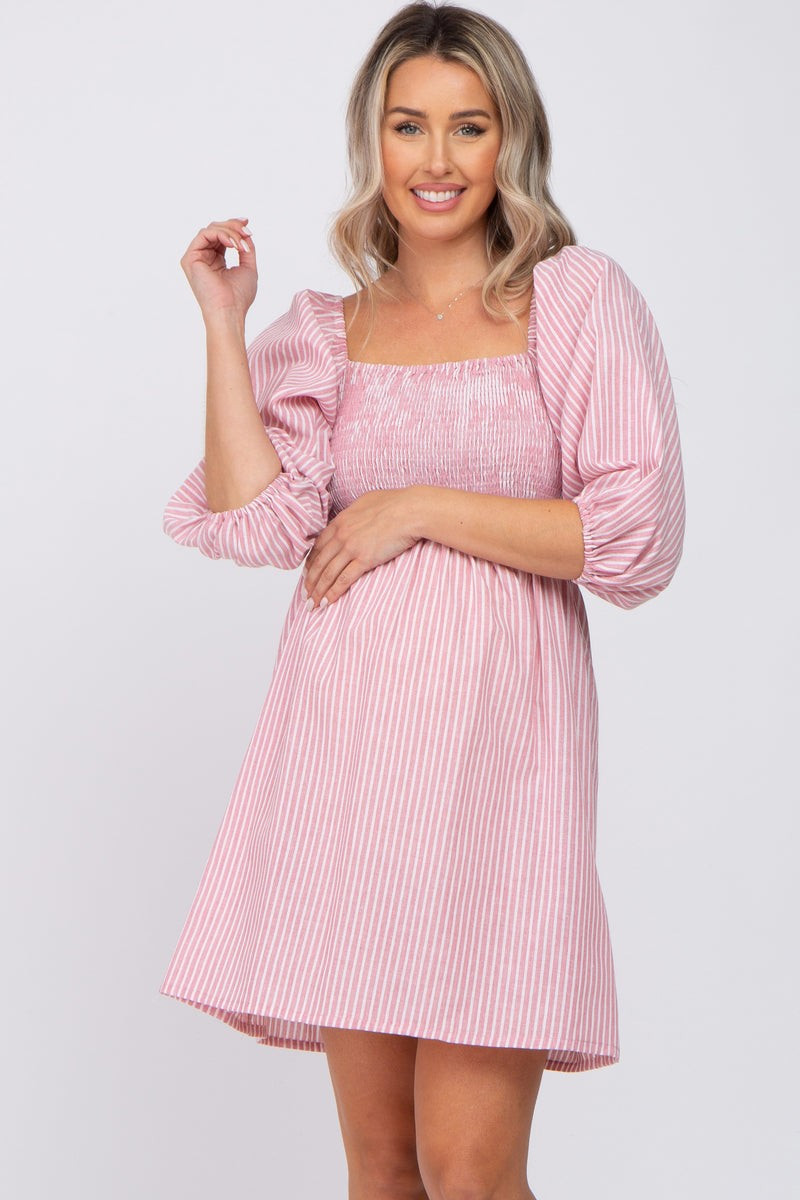 Mauve Striped Smocked Puff Sleeve Maternity Dress | PinkBlush Maternity