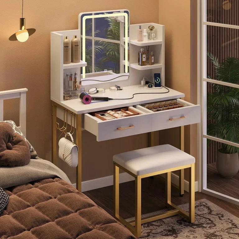 Bestier Makeup Vanity Set with Mirror and Lights, Vanity Desk with Drawers, Power Outlet & Cushio... | Walmart (US)