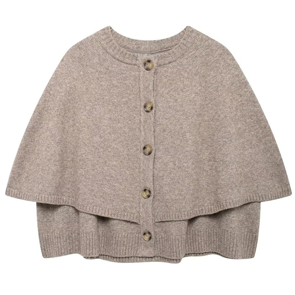 HOULENGS Women's Round Neck Knitted Shawl Cardigan Sweater Half Sleeve Button Cropped Cape Sweate... | Amazon (US)