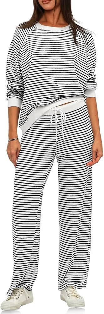 Tankaneo Womens Sweatsuits 2 Piece Sets Striped Long Sleeve Sweatshirt Wide Leg Pants Tracksuit L... | Amazon (US)