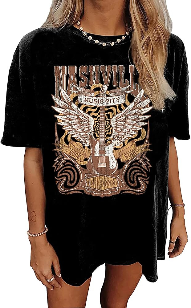 Nashville Music City T-Shirt Women Country Music Oversized Shirts Rock Band Tshirt Vintage Guitar... | Amazon (US)