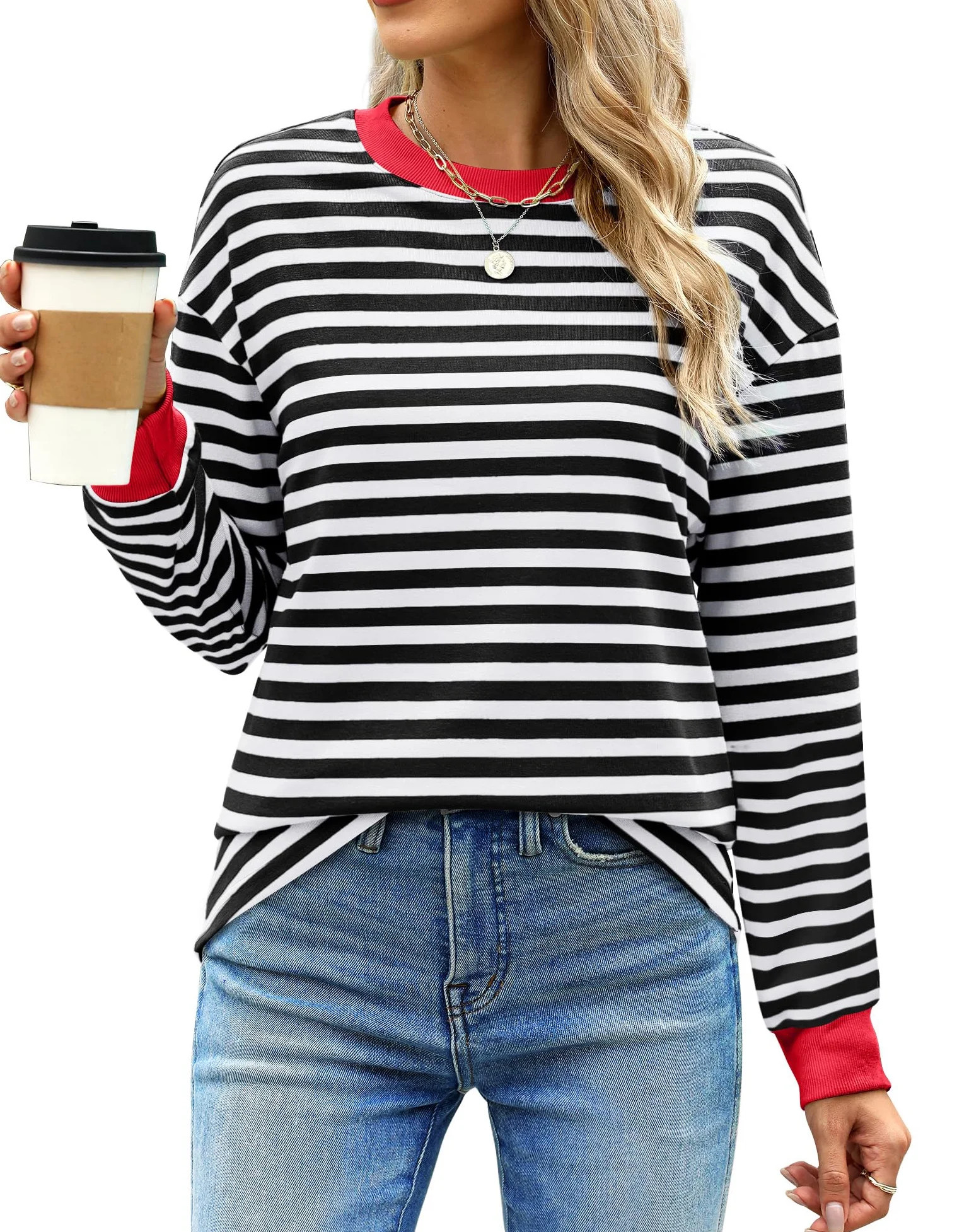 Fantaslook Striped Long Sleeve Shirts for Women Crewneck Tunic Tops Color Block Blouses Fall Pull... | Walmart (US)