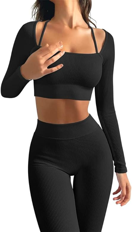 OQQ Yoga Outfits for Women 2 Piece Seamless Ribbed Workout High Waist Leggings with Crop Top Exer... | Amazon (US)