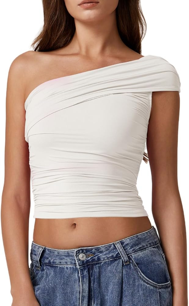 QINSEN Womens Sleeveless Foldover Top Double Lined One Shoulder T Shirts Summer Trendy Going Out ... | Amazon (US)