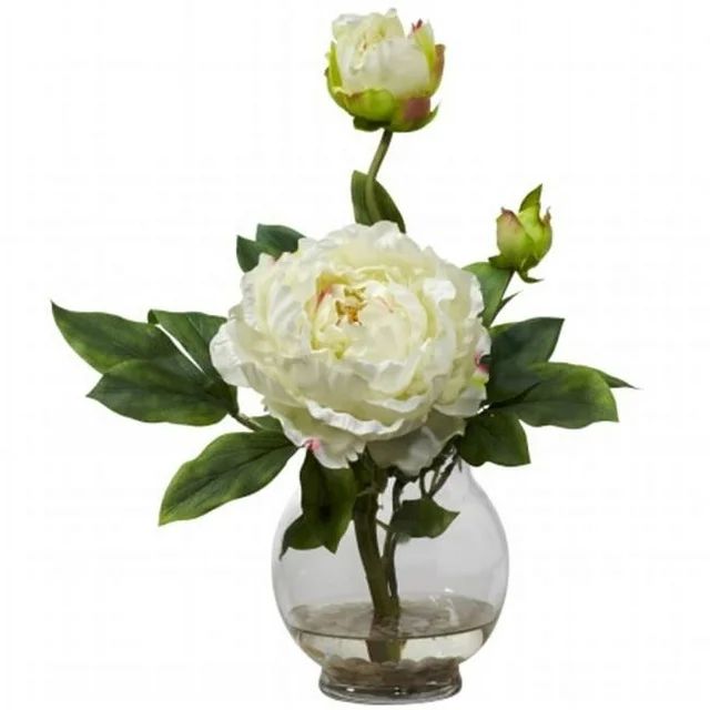 Nearly Natural Peony Artificial Flower Arrangement with Fluted Vase, White | Walmart (US)