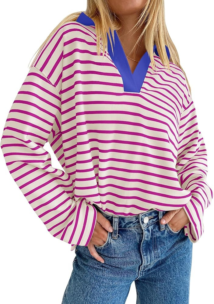 ZESICA Womens Striped Long Sleeve Shirts 2024 Casual V Neck Oversized Sweatshirt Loose Fit Tunic ... | Amazon (US)