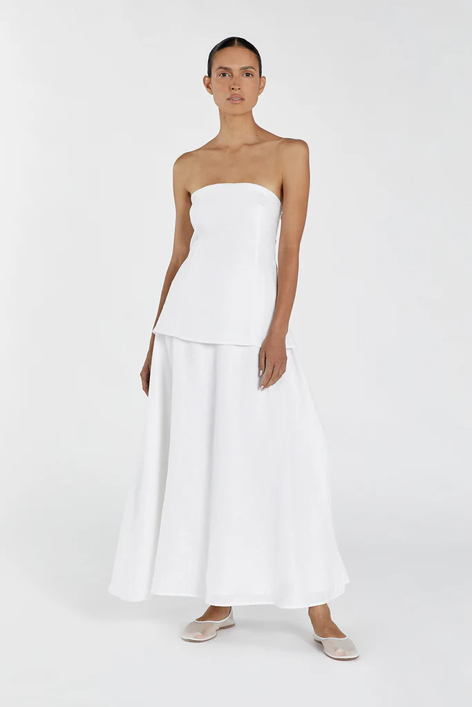 SASKIA WHITE LINEN STRAPLESS DRESS | DISSH