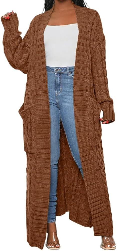 Womens Thin Stylish Cable Knit Dual Extra Long Maxi Cardigan with 2-Pockets | Amazon (US)