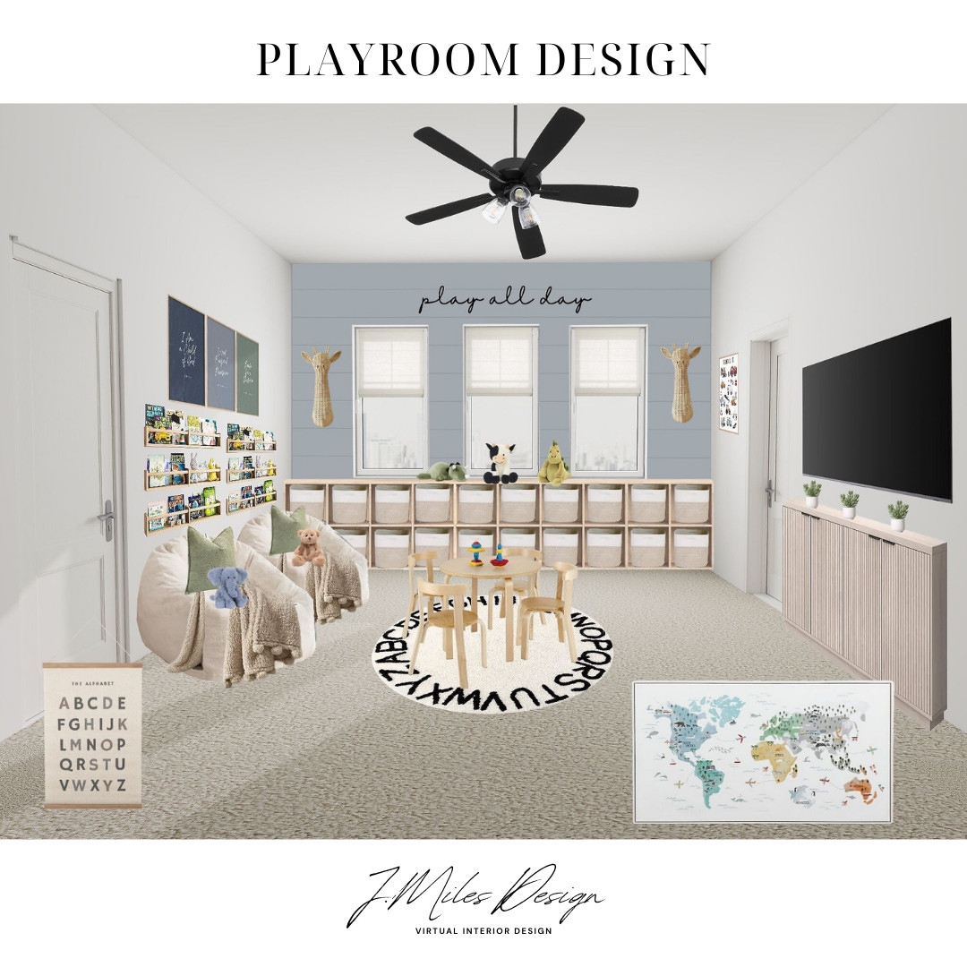 Fun, functional, and full of personality — this playroom is designed with both kids and parents in mind. 🧸 From wall-to-wall storage cubbies to cozy beanbag chairs and a round alphabet rug, it’s the perfect space to spark creativity while keeping things organized. The playful wall art and soft color palette make it a room that grows with your little ones. ✨ 

 #LTKHome #LTKKids #LTKFamily
