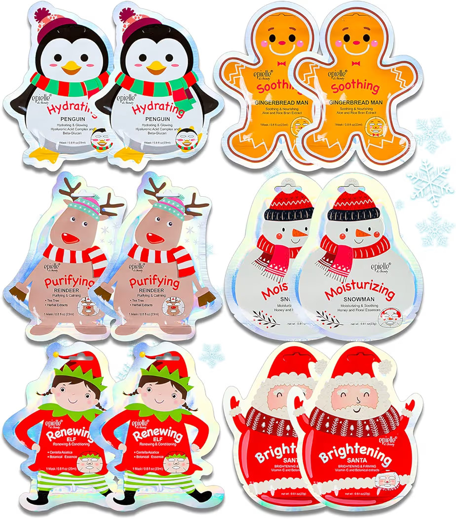 Epielle Christmas Holiday Character Sheet Mask Assortments, Santa, Reindeer, Snowman, Elf, Gingerbread, Penguin| Stocking Stuffers, Christmas Gift Ideas (12pk) Birthday Party Gift for her kids, Spa | Amazon (US)