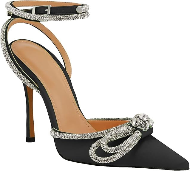 JANSEVEN Rhinestone Bow Heels Black Satin Bowknot Heeled Sandals For Women Ankle Strap Pumps Knot... | Amazon (US)