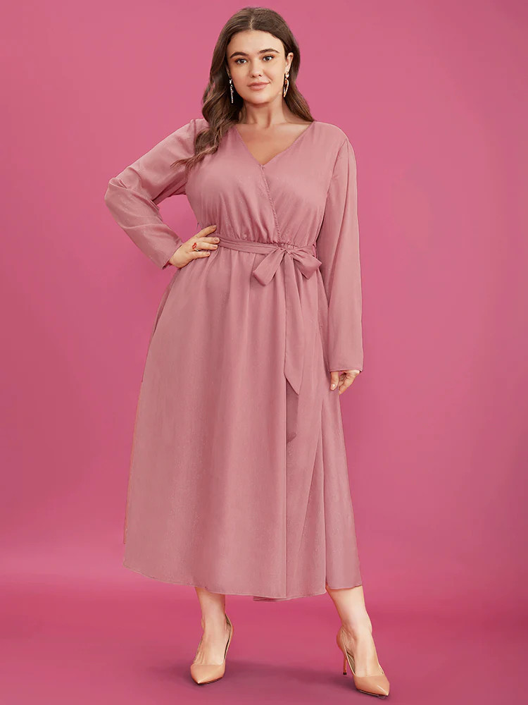 Solid Pocket Belted Surplice Neck Midi Dress | Bloomchic