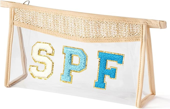 Boho Patch Cosmetic Bag - Summer SPF Blue Chenille Varsity Letter Clear Toiletry Kit Aesthetic Wa... | Amazon (US)