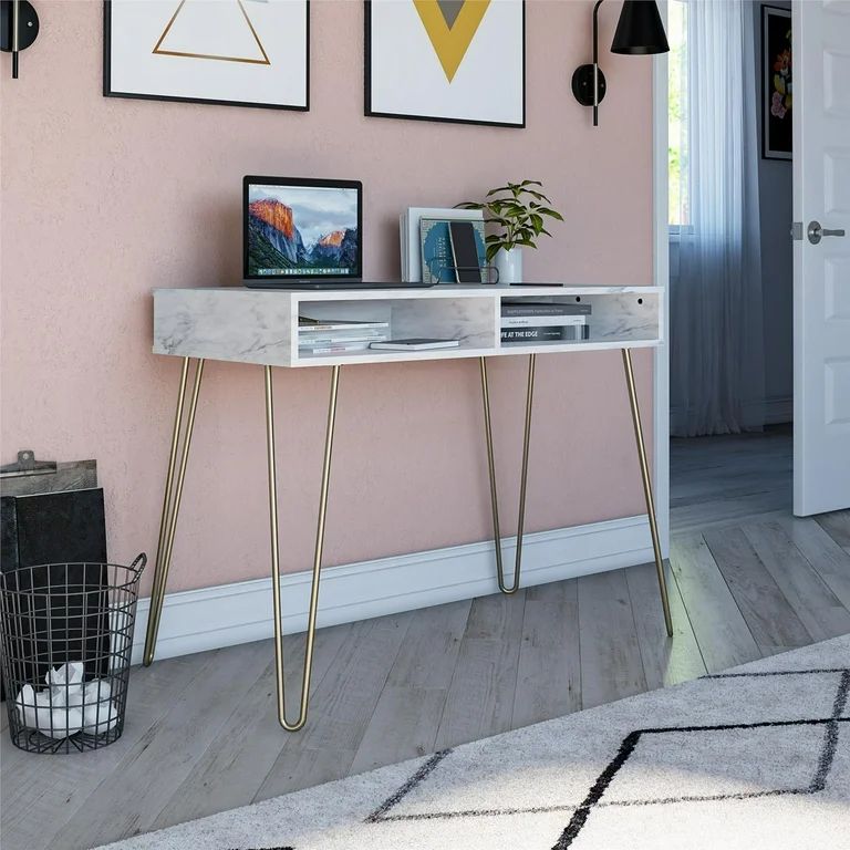 Novogratz Athena Computer Desk with Storage, White Marble | Walmart (US)