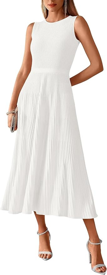 BTFBM Women Tank Midi Dress Summer Crewneck Sleeveless Pleated A Line Business Casual Formal Swea... | Amazon (US)