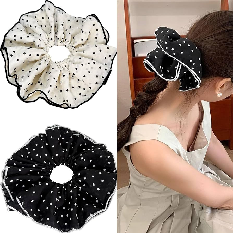 Jseng 2PCS Extra Large Scrunchies for Hair, Polka Dot Hair Ties, Beige and Black | Amazon (US)